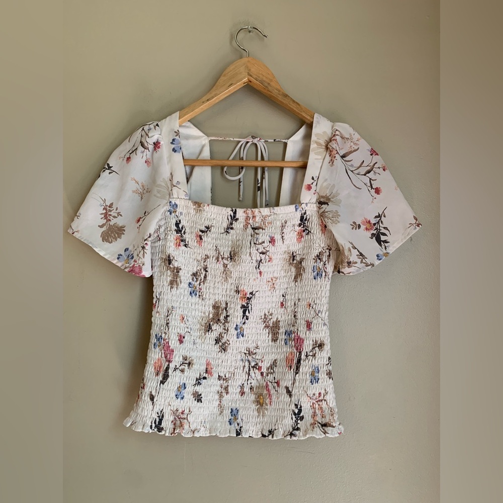 Abercrombie & Fitch Cream Floral Smocked Square-Neck Blouse